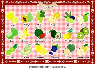 The catalog of various cute fruits such as lemon and muscat and banana and watermelon and pineapple and kiwifruit and melon and blueberry