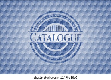 Catalogue blue badge with geometric background.