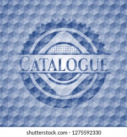 Catalogue blue badge with geometric background.