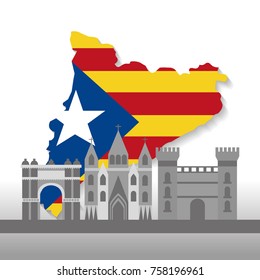 catalonia barcelona with flag map and buildings symbol set