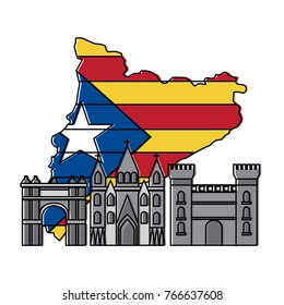 catalonia barcelona with flag map and buildings symbol set