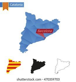 Catalonia blue Low Poly map with capital Barcelona, versions with flag, black and outline. Vector Illustration.