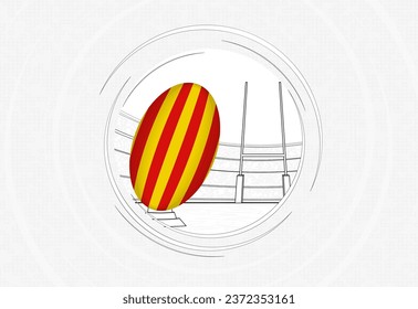 Catalonia flag on rugby ball, lined circle rugby icon with ball in a crowded stadium. Vector sport emblem on abstract background.