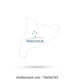 Catalonia map in Southern Common Market (Mercosur) flag colors, editable vector.