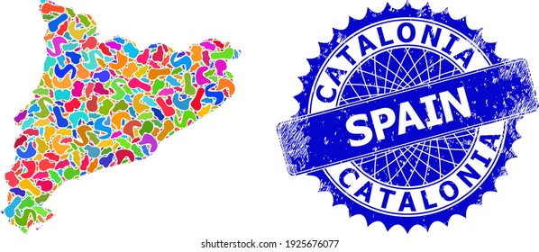 Catalonia map vector image. Splash collage and distress stamp seal for Catalonia map. Sharp rosette blue stamp seal with tag for Catalonia map.