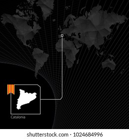 Catalonia on black World Map. Map and flag of Catalonia.
