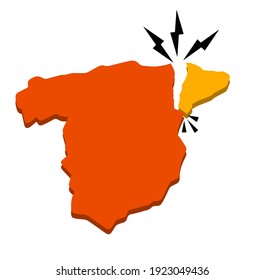 Katalonien auf der Karte von Spanien. Crack in Territorialer Struktur des europäischen Staates. Rot-orangefarbener Bereich. Departement der Autonomen Region. Souveränität und Unabhängigkeit.