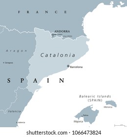 Catalonia political map with capital Barcelona and borders. Autonomous community of Spain on the northeastern extremity of Iberian Peninsula. English labeling. Gray illustration over white. Vector.