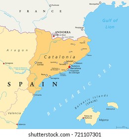 Catalonia political map with capital Barcelona, borders and important cities. Autonomous community of Spain on the northeastern extremity of Iberian Peninsula. English labeling. Illustration. Vector.