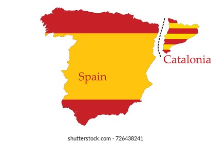 Catalonia separation from Spain vector concept, map with flag colors (Spanish and Catalan)