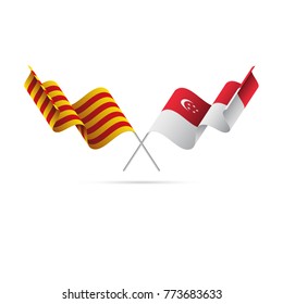 Catalonia and Singapore flags crossed. Vector illustration.