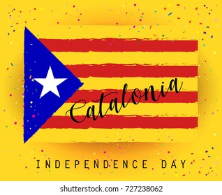 Catalonia text, red and yellow color stripes banner, colorful brush strokes painted national flag label. Painted texture. Independence day patriotic background. Modern design poster, vector Estelada