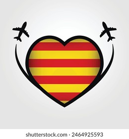 Catalonia Travel Heart Flag With Airplane Icons