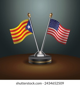 Catalonia and United States table flags with gradient backgrund. Vector Illustration
