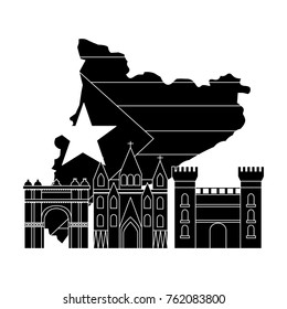 catalunya flag and country outline with landmarks icon image 