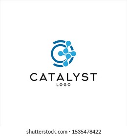 Catalyst Logo Simple Modern Molecular Vector Illustration In Blue Color. Science Template. Laboratory Icon Design Inspiration.