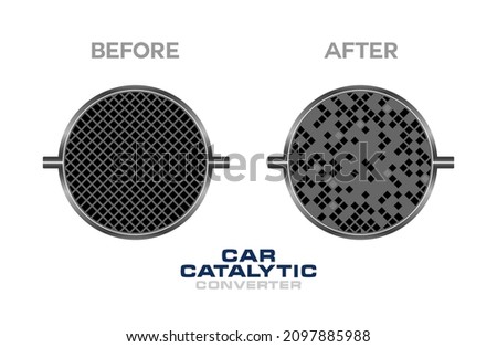 Catalytic converter before and after emissions from an internal combustion engine. New and old 