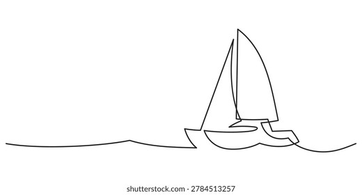 catamaran floating in the sea one line drawing continuous minimalism copy space.yacht with two hulls decorative art marine life
