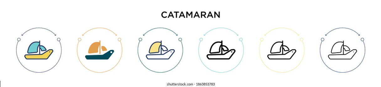 Catamaran icon in filled, thin line, outline and stroke style. Vector illustration of two colored and black catamaran vector icons designs can be used for mobile, ui, web