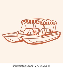 Catamaran illustrated with two parallel hulls and a central deck line. Suitable for marine icons travel graphics adventure themes and water sport collection