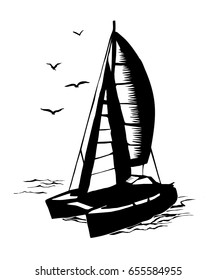 Catamaran sailboat monochrome silhouette. Vector sketch with stylized waves in the summer sea regatta yahtiny extreme