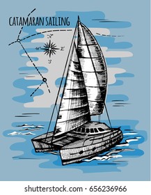 Catamaran Sailboat. Vector Stylized Color Sketch. Waves In The Sea And Clouds In The Sky. Regatta Summer Journey Extreme.