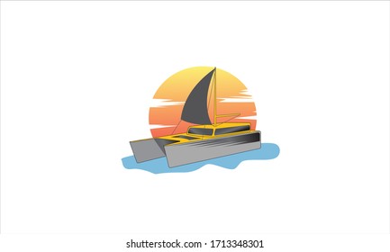 Catamaran sailboat, Vector template illustration of logo for high-speed ferry, Sea summer regatta yachting extreme sports race, with sunset icon