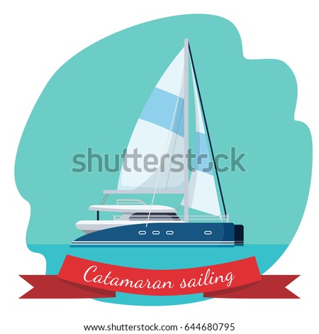 Catamaran sailing boat with canvas vector illustration isolated