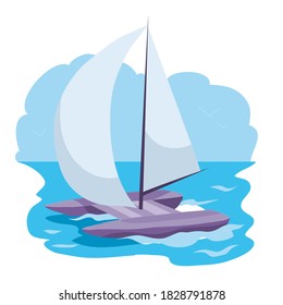 catamarán con velas, ilustración de dibujos animados, objeto aislado sobre fondo blanco, ilustración vectorial, eps