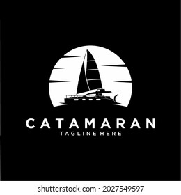 Catamaran, Yacht and Boat Symbol Logo Template on sunset background
