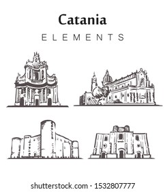 Catania abstract art color drawing. Catania sketch vector illustration isolated on white background. Cathedral of St. Agatha, Church of St. Nicholas, Collegiate Basilica, Ursino Castle.