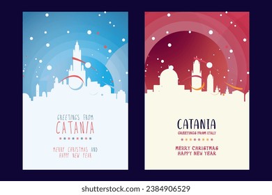 Catania city poster with Christmas skyline, cityscape, landmarks. Winter Italy holiday, New Year vertical vector layout for brochure, website, flyer, leaflet, card