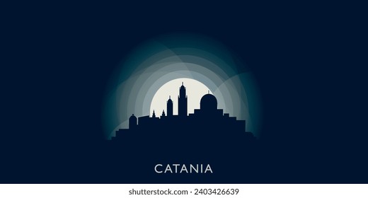 Catania paisaje urbano de la ciudad de la ciudad panorámica vector plano de la ilustración de banner moderno. Italia, Sicilia, ciudad emblema de la región con monumentos y siluetas de construcción en la noche del amanecer