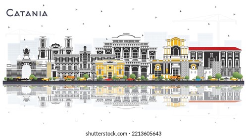 Catania Italy City Skyline with Gray Buildings and Reflections Isolated on White. Vector Illustration. Travel and Tourism Concept with Historic Architecture. Catania Sicily Cityscape with Landmarks.