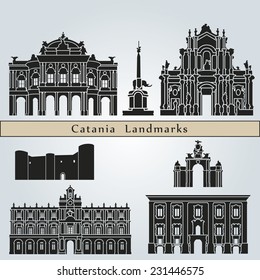 Catania landmarks and monuments isolated on blue background in editable vector file