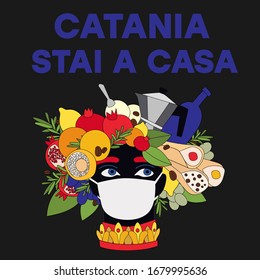 Catania, Stai A Casa. Quarantine, Sicily, Italy. Coronavirus. Sicilian vase with moor head in medicine mask, arancini, cannolo, coffee, lemons and cacti. Sicily style. Vector illustration. Stay Home