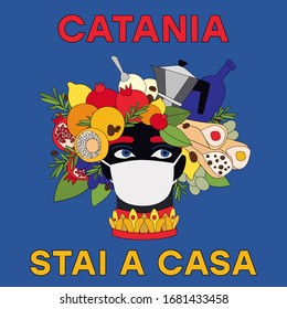 Catania, Stai A Casa. Quarantine, Sicily, Italy. Comic, cartoon illustration. Coronavirus. Sicilian vase with moor head in medicine mask. Vector illustration. Stay Home