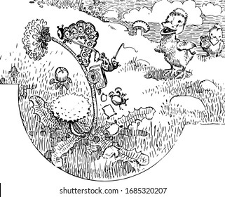 Catapillar Wagon, this scene shows two ducks watching an insect being pulled in a wagon by a catapillar, vintage line drawing or engraving illustration