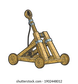 Catapult antique medieval ballistic device color sketch engraving vector illustration. T-shirt apparel print design. Scratch board imitation. Black and white hand drawn image.