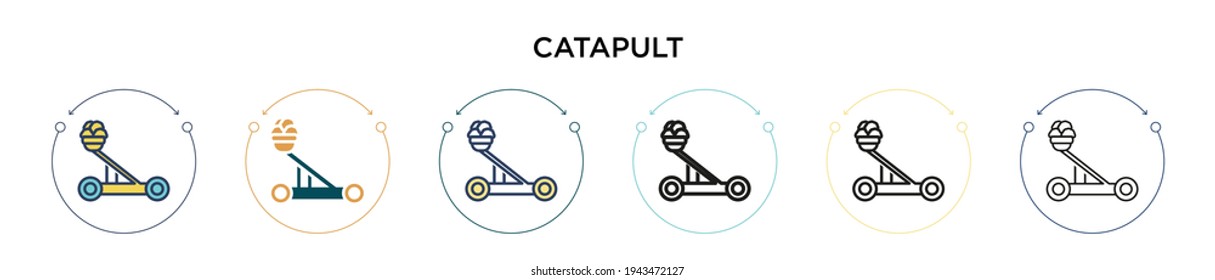 Catapult icon in filled, thin line, outline and stroke style. Vector illustration of two colored and black catapult vector icons designs can be used for mobile, ui, web