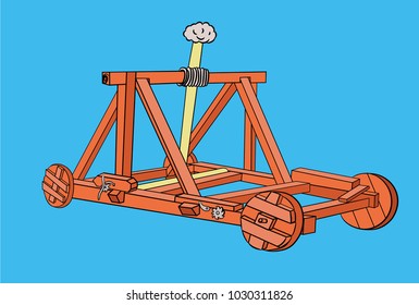 Catapult - isolated vector illustration on sky blue background. Ancient, medieval equipment for sieging a castle. Weaponry for a siege of Middle Ages and Antiquity.