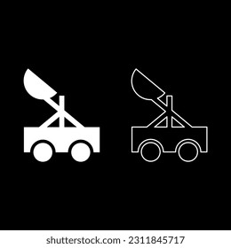Catapult medieval siege ejection seat set icon white color vector illustration image solid fill outline contour line thin flat style