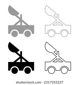 Catapult medieval siege ejection seat set icon grey black color vector illustration image solid fill outline contour line thin flat style