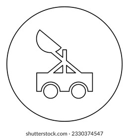 Catapultar icono del asiento de eyección del sitio medieval en círculo color negro ilustración de la imagen contorno de la línea delgada estilo