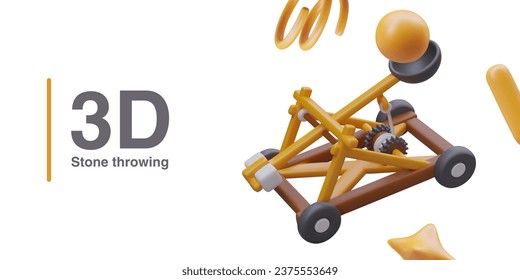 Catapult for online computer game. Stone throwing game. Protect your town with weapon. Vector illustration with white background in yellow colors and place for text