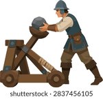 catapult operator loading projectile, side profile facing left, full body, medieval siege engine, decorative vector illustration