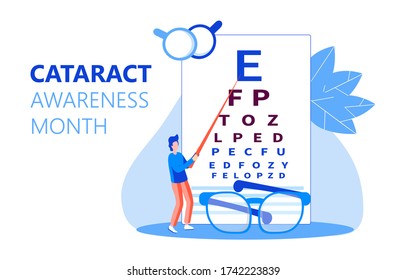 Cataract awareness month is celebrated in June. Glaucoma disease and nephropathy problems. Ophthalmologist concept illustration.  Eyesight check up with tiny people character  for apps, web.