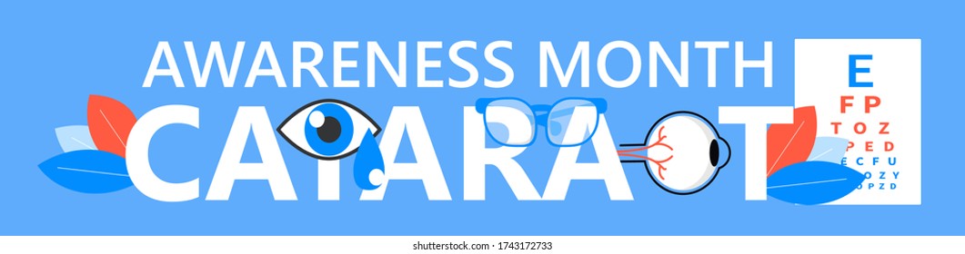 Cataract awareness month is celebrated in June. Glaucoma disease and nephropathy problems. Ophthalmologist concept illustration.  Eyesight check up with tiny people character for apps, web.