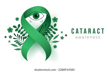 Cataract Awareness Month. Green ribbon, flowers and eye