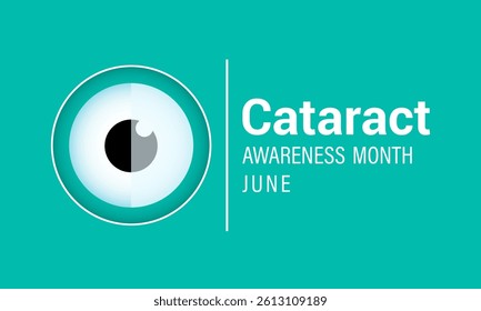 Cataract Awareness Month is observed annually in June.  A progressive clouding of the eye's lens, causing blurred or dimmed vision. Realistic Ribbon with eye's lens.Banner poster, flyer and background